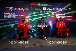 (L to R): Charles Leclerc (MON) Ferrari; Max Verstappen (NLD) Red Bull Racing; and Carlos Sainz Jr (ESP) Ferrari, in the post race FIA Press Conference. 27.03.2022. Formula 1 World Championship, Rd 2, Saudi Arabian Grand Prix, Jeddah, Saudi Arabia, Race Day.