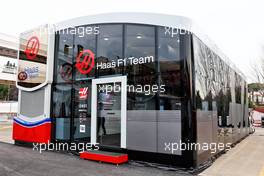 Haas F1 Team motorhome in the paddock with Uralkali branding removed. 25.02.2022. Formula One Testing, Day Three, Barcelona, Spain. Friday.
