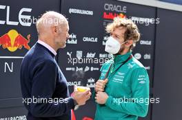 (L to R): Adrian Newey (GBR) Red Bull Racing Chief Technical Officer with Sebastian Vettel (GER) Aston Martin F1 Team. 24.02.2022. Formula One Testing, Day Two, Barcelona, Spain. Thursday.