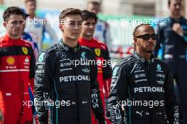 (L to R): George Russell (GBR) Mercedes AMG F1 and team mate Lewis Hamilton (GBR) Mercedes AMG F1. 10.03.2022. Formula 1 Testing, Sakhir, Bahrain, Day One.