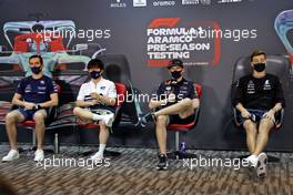 (L to R): Nicholas Latifi (CDN) Williams Racing; Yuki Tsunoda (JPN) AlphaTauri; Max Verstappen (NLD) Red Bull Racing; and George Russell (GBR) Mercedes AMG F1, in the FIA Press Conference. 10.03.2022. Formula 1 Testing, Sakhir, Bahrain, Day One.