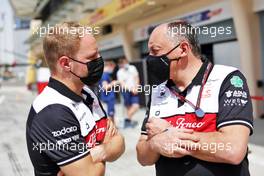 (L to R): Valtteri Bottas (FIN) Mercedes AMG F1 with Frederic Vasseur (FRA) Alfa Romeo F1 Team Team Principal. 10.03.2022. Formula 1 Testing, Sakhir, Bahrain, Day One.