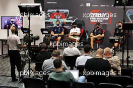 (L to R): Nicholas Latifi (CDN) Williams Racing; Yuki Tsunoda (JPN) AlphaTauri; Max Verstappen (NLD) Red Bull Racing; and George Russell (GBR) Mercedes AMG F1, in the FIA Press Conference. 10.03.2022. Formula 1 Testing, Sakhir, Bahrain, Day One.