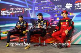 (L to R): Sergio Perez (MEX) Red Bull Racing; Max Verstappen (NLD) Red Bull Racing; and Charles Leclerc (MON) Ferrari, in the post qualifying FIA Press Conference. 19.11.2022. Formula 1 World Championship, Rd 22, Abu Dhabi Grand Prix, Yas Marina Circuit, Abu Dhabi, Qualifying Day.