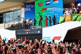 The podium (L to R): Lewis Hamilton (GBR) Mercedes AMG F1, second; Max Verstappen (NLD) Red Bull Racing, race winner; Charles Leclerc (MON) Ferrari, third. 23.10.2022. Formula 1 World Championship, Rd 19, United States Grand Prix, Austin, Texas, USA, Race Day.