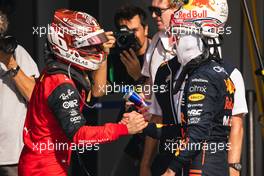 (L to R): Charles Leclerc (MON) Ferrari with race winner Max Verstappen (NLD) Red Bull Racing in parc ferme. 23.10.2022. Formula 1 World Championship, Rd 19, United States Grand Prix, Austin, Texas, USA, Race Day.