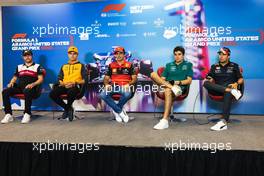 (L to R): Valtteri Bottas (FIN) Alfa Romeo F1 Team; Lando Norris (GBR) McLaren; Carlos Sainz Jr (ESP) Ferrari; Lance Stroll (CDN) Aston Martin F1 Team; and Sergio Perez (MEX) Red Bull Racing, in the FIA Press Conference. 20.10.2022. Formula 1 World Championship, Rd 19, United States Grand Prix, Austin, Texas, USA, Preparation Day.