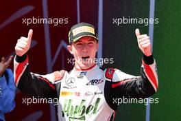 Race winner Frederik Vesti (DEN) ART celebrates on the podium. 11.06.2022. FIA Formula 2 Championship, Rd 6, Baku, Azerbaijan, Saturday.