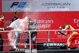 The podium (L to R): Logan Sargeant (USA) Carlin, second; Dennis Hauger (DEN) PREMA Racing, race winner; Felipe Drugovich (BRA) MP Motorsport, third. 12.06.2022. FIA Formula 2 Championship, Rd 6, Baku, Azerbaijan, Sunday.