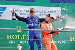Race winner Jack Doohan (AUS) Virtuosi Racing celebrates on the podium. 28.08.2022. Formula 2 Championship, Rd 11, Feature Race, Spa-Francorchamps, Belgium, Sunday.