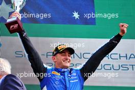 Race winner Jack Doohan (AUS) Virtuosi Racing celebrates on the podium. 28.08.2022. Formula 2 Championship, Rd 11, Feature Race, Spa-Francorchamps, Belgium, Sunday.