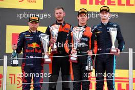 The podium (L to R): Ayumu Iwasa (JPN) Dams, second; Felipe Drugovich (BRA) MP Motorsport, race winner; Logan Sargeant (USA) Carlin, third. 21.05.2022. FIA Formula 2 Championship, Rd 4, Barcelona, Spain, Saturday.
