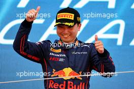 Ayumu Iwasa (JPN) Dams celebrates his second position on the podium. 21.05.2022. FIA Formula 2 Championship, Rd 4, Barcelona, Spain, Saturday.