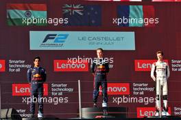 The podium (L to R): Jehan Daruvala (IND) Prema Racing, second; Liam Lawson (NZL) Carlin, race winner; Theo Pourchaire (FRA) ART, third. 23.07.2022. FIA Formula 2 Championship, Rd 9, Paul Ricard, France, Saturday.