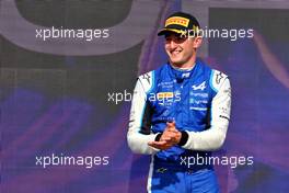 Race winner Jack Doohan (AUS) Virtuosi Racing celebrates on the podium.  02.07.2022. FIA Formula 2 Championship, Rd 7, Sprint Race, Silverstone, England, Saturday.