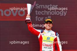 Enzo Fittiapldi (BRA) Charouz Racing System celebrates his third position on the podium. 02.07.2022. FIA Formula 2 Championship, Rd 7, Sprint Race, Silverstone, England, Saturday.