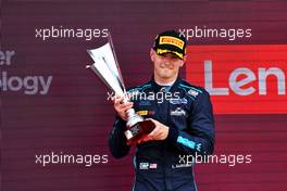 Race winner Logan Sargeant (USA) Carlin celebrates on the podium. 03.07.2022. FIA Formula 2 Championship, Rd 7, Feature Race, Silverstone, England, Sunday.