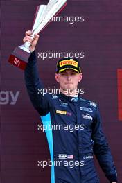 Race winner Logan Sargeant (USA) Carlin celebrates on the podium. 03.07.2022. FIA Formula 2 Championship, Rd 7, Feature Race, Silverstone, England, Sunday.