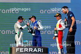 The podium (L to R): Juri Vips (EST) Hitech, second; Jack Doohan (AUS) Virtuosi Racing, race winner; Enzo Fittipaldi (BRA) Charouz Racing System, third. 30.07.2022. FIA Formula 2 Championship, Rd 10, Budapest, Hungary, Sprint Race, Saturday.