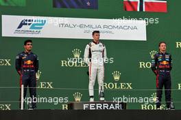 The podium (L to R): Jehan Daruvala (IND) Prema Racing, second; Marcus Armstrong (NZL) Hitech, race winner; Dennis Hauger (DEN) PREMA Racing, third. 23.04.2022. FIA Formula 2 Championship, Rd 3, Sprint Race, Imola, Italy, Saturday.