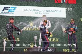 Jehan Daruvala (IND) Prema Racing celebrates his second position on the podium with Dennis Hauger (DEN) PREMA Racing. 23.04.2022. FIA Formula 2 Championship, Rd 3, Sprint Race, Imola, Italy, Saturday.