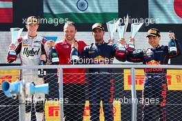 The podium (L to R): Frederik Vesti (DEN) ART, second; Jehan Daruvala (IND) Prema Racing, race winner; Ayumu Iwasa (JPN) Dams, third. 11.09.2022. Formula 2 Championship, Rd 13, Feature Race, Monza, Italy, Sunday.