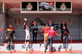The podium (L to R): Theo Pourchaire (FRA) ART, second; Felipe Drugovich (BRA) MP Motorsport, race winner; Juri Vips (EST) Hitech, third. 29.05.2022. FIA Formula 2 Championship, Rd 5, Monte Carlo, Monaco, Feature Race, Sunday.