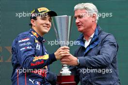 Race winner Isack Hadjar (FRA) Hitech celebrates on the podium with David Coulthard (GBR) Red Bull Racing and Scuderia Toro Advisor / Channel 4 F1 Commentator. 10.07.2022. FIA Formula 3 Championship, Rd 5, Feature Race, Spielberg, Austria, Sunday.