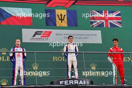 The podium (L to R): Roman Stanek (CZE) Trident, second; Zane Maloney (BRB) Trident, race winner; Oliver Bearman (GBR) Prema Racing, third. 28.08.2022. Formula 3 Championship, Rd 7, Feature Race, Spa-Francorchamps, Belgium, Sunday.