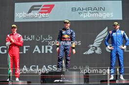 The podium (L to R): Oliver Bearman (GBR) Prema Racing, second; Isack Hadjar (FRA) Hitech, race winner; Alexander Smolyar (RUS) MP Motorsport, third. 19.03.2022. FIA Formula 3 Championship, Rd 1, Sprint Race, Sakhir, Bahrain, Saturday.