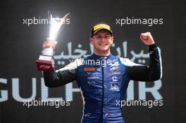 Race winner Victor Martins (FRA) Alpine Academy Driver celebrates on the podium. 20.03.2022. FIA Formula 3 Championship, Rd 1, Feature Race, Sakhir, Bahrain, Sunday.
