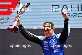 Race winner Victor Martins (FRA) ART celebrates on the podium. 20.03.2022. FIA Formula 3 Championship, Rd 1, Feature Race, Sakhir, Bahrain, Sunday.