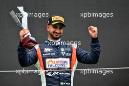 Kush Maini (IND) MP Motorsport celebrates his third position on the podium. 30.07.2022. FIA Formula 3 Championship, Rd 6, Sprint Race, Budapest, Hungary, Saturday.