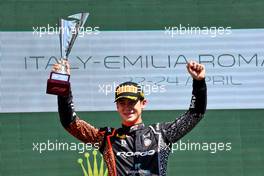 Race winner Franco Colapinto (ARG) Van Amersfoort Racing celebrates on the podium. 23.04.2022. FIA Formula 3 Championship, Rd 2, Sprint Race, Imola, Italy, Saturday.