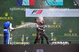 Race winner Franco Colapinto (ARG) Van Amersfoort Racing celebrates with second placed Victor Martins (FRA) ART on the podium. 23.04.2022. FIA Formula 3 Championship, Rd 2, Sprint Race, Imola, Italy, Saturday.