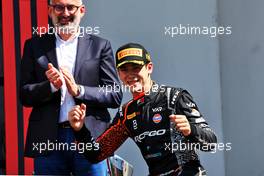 Race winner Franco Colapinto (ARG) Van Amersfoort Racing celebrates on the podium. 23.04.2022. FIA Formula 3 Championship, Rd 2, Sprint Race, Imola, Italy, Saturday.