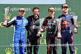 The podium (L to R): Victor Martins (FRA) ART, second; Franco Colapinto (ARG) Van Amersfoort Racing, race winner; Jak Crawford (USA) Prema Racing, third. 23.04.2022. FIA Formula 3 Championship, Rd 2, Sprint Race, Imola, Italy, Saturday.