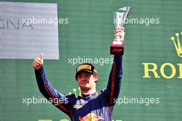 Jak Crawford (USA) Prema Racing celebrates his third position on the podium. 23.04.2022. FIA Formula 3 Championship, Rd 2, Sprint Race, Imola, Italy, Saturday.