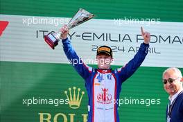 Race winner Roman Stanek (CZE) Trident celebrates on the podium. 24.04.2022. FIA Formula 3 Championship, Rd 2, Feature Race, Imola, Italy, Sunday.