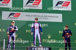 The podium (L to R): Jak Crawford (USA) Prema Racing, second; Roman Stanek (CZE) Trident, race winner; Isack Hadjar (FRA) Hitech, third. 24.04.2022. FIA Formula 3 Championship, Rd 2, Feature Race, Imola, Italy, Sunday.