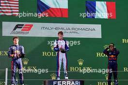 The podium (L to R): Jak Crawford (USA) Prema Racing, second; Roman Stanek (CZE) Trident, race winner; Isack Hadjar (FRA) Hitech, third. 24.04.2022. FIA Formula 3 Championship, Rd 2, Feature Race, Imola, Italy, Sunday.