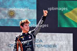 Race winner Franco Colapinto (ARG) Van Amersfoort Racing celebrates on the podium. 10.09.2022. Formula 3 Championship, Rd 9, Sprint Race, Monza, Italy, Saturday.