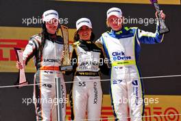 The podium (L to R): Abbi Pulling (GBR) Racing X, second; Jamie Chadwick (GBR) Jenner Racing, race winner; Alice Powell (GBR) Click2Drive Bristol Street Motors Racing W Series Team, third. 21.05.2022. W Series, Rd 2, Barcelona, Spain, Race Day.