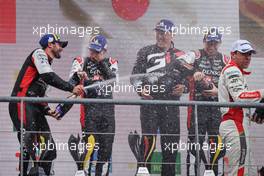 Race winners Mike Conway (GBR) / Kamui Kobayashi (JPN) / Jose Maria Lopez (ARG) #07 Toyota Gazoo Racing celebrates on the podium. 07.05.2022. FIA World Endurance Championship, Rd 2, Six Hours of Spa, Spa Francorchamps, Belgium.