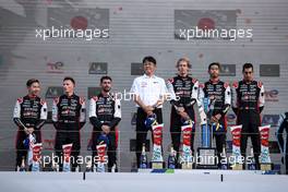 The podium (L to R): Kamui Kobayashi (JPN), Mike Conway (GBR), Jose Maria Lopez (ARG) #07 Toyota Gazoo Racing, second; Brendon Hartley (NZL), Ryo Hirakawa (JPN), Sebastien Buemi (SUI) #08 Toyota Gazoo Racing, Toyota, race winners. 11.09.2022. FIA World Endurance Championship, Round 5, Six Hours of Fuji, Fuji, Japan, Sunday.