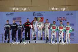 LMP2 Podium: Oliver Jarvis (GBR), Alex Lynn (GBR), Joshua Pierson (USA) #23 United Autosports USA, second; Sean Gelael (IDN), Rene Rast (GER), Robin Frijns (NLD) #31 WRT, winners; Antonio Felix Da Costa (POR), Roberto Gonzalez (MEX), Will Stevens (GBR) #38 Jotam, third. 12.11.2022. FIA World Endurance Championship, Round 6, Eight Hours of Bahrain, Sakhir, Bahrain, Saturday.
