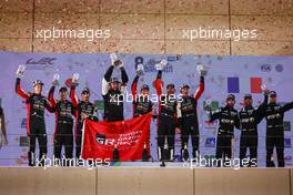 The podium (L to R): Brendon Hartley (NZL), Sebastien Buemi (SUI), Ryo Hirakawa (JPN) #08 Toyota Gazoo Racing, second; Kamui Kobayashi (JPN), Jose Maria Lopez (ARG), Mike Conway (GBR) #07 Toyota Gazoo Racing, winners;  Nicolas Lapierre (FRA); Andre Negrao (BRA), Mathieu Vaxiviere (FRA) #36 Alpine Elf Matmut, third. 12.11.2022. FIA World Endurance Championship, Round 6, Eight Hours of Bahrain, Sakhir, Bahrain, Saturday.