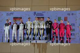 GTE AM podium: Ben Barnicoat (GBR); Gunnar Jeannette (USA) ; Phillip Hyett (USA) #56 Team Project 1, Porsche second; Matteo Cairoli (ITA), Mikkel Pedersen (DEN), Nicolas Leutwiler (SUI) #46 Team Project 1 Porsche, winners; Sarah Bovy (BEL), Michelle Gatting (DEN) , Rahel Frey (SUI) #85 Iron Dames Ferrari, third. 12.11.2022. FIA World Endurance Championship, Round 6, Eight Hours of Bahrain, Sakhir, Bahrain, Saturday.