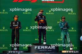 1st place Max Verstappen (NLD) Red Bull Racing RB19, 2nd place Lewis Hamilton (GBR) Mercedes AMG F1 W14 and 3rd place Fernando Alonso (ESP) Aston Martin F1 Team. 02.04.2023. Formula 1 World Championship, Rd 3, Australian Grand Prix, Albert Park, Melbourne, Australia, Race Day.