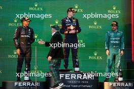 The podium (L to R): Lewis Hamilton (GBR) Mercedes AMG F1, second; Max Verstappen (NLD) Red Bull Racing, race winner; Fernando Alonso (ESP) Aston Martin F1 Team, third. 02.04.2023. Formula 1 World Championship, Rd 3, Australian Grand Prix, Albert Park, Melbourne, Australia, Race Day.